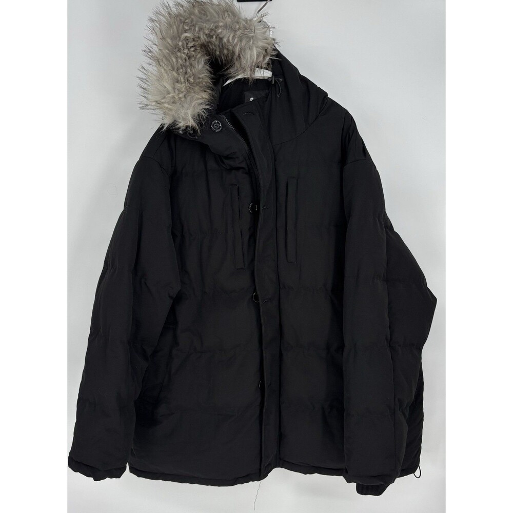 Soularge Men’s 4X Big Tall Black Winter Puffer Parka Coat Faux Fur Hood EUC